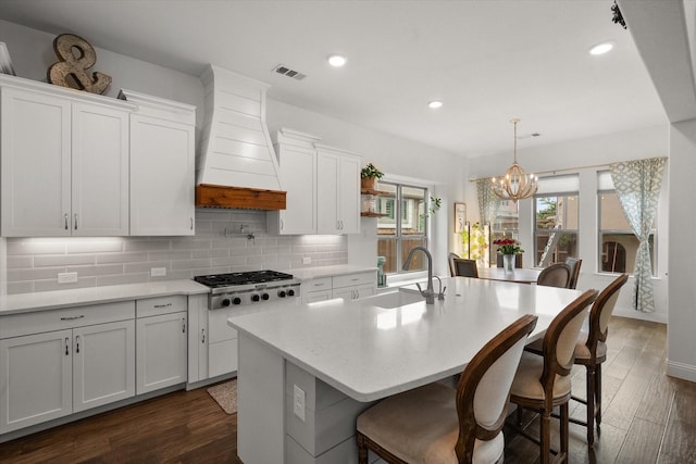 kitchen with an inviting chandelier, stainless steel gas cooktop, premium range hood, tasteful backsplash, and a sink