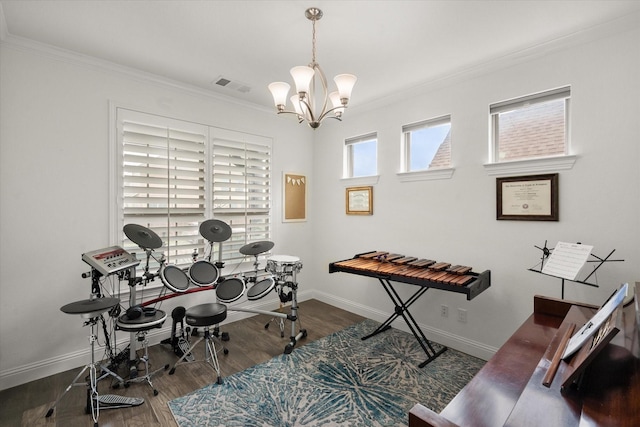 home office with crown molding, baseboards, a chandelier, and visible vents