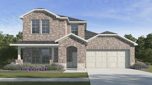 view of front of property with a garage, driveway, roof with shingles, and brick siding