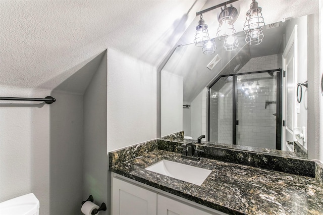 250 Beulah Rd, Millsap, TX 76066 - full bath featuring a textured ceiling, a shower stall, vanity, toilet, and lofted ceiling