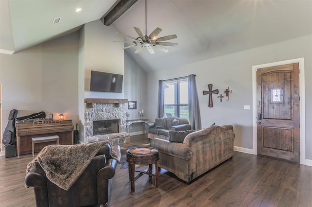 250 Beulah Rd, Millsap, TX 76066 - living area featuring beam ceiling, high vaulted ceiling, a stone fireplace, a ceiling fan, and baseboards