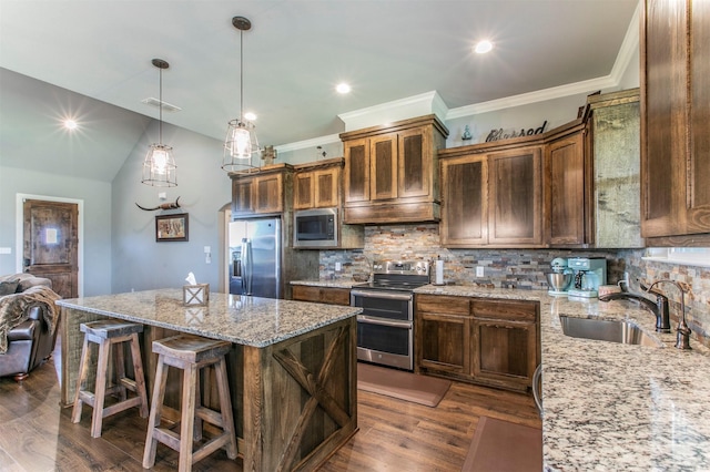 250 Beulah Rd, Millsap, TX 76066 - kitchen with visible vents, dark wood-style flooring, light stone countertops, a sink, and appliances with stainless steel finishes