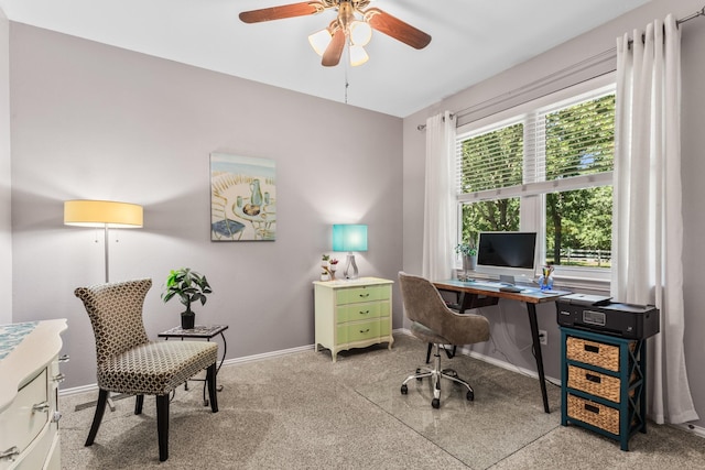 office with baseboards and ceiling fan
