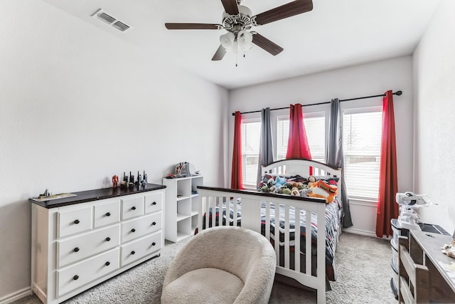 3225 Sweetwater Way, Sherman, TX 75090 - bedroom with baseboards, a ceiling fan, light colored carpet, and visible vents