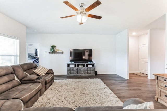 3225 Sweetwater Way, Sherman, TX 75090 - living room featuring recessed lighting, baseboards, ceiling fan, and dark wood finished floors