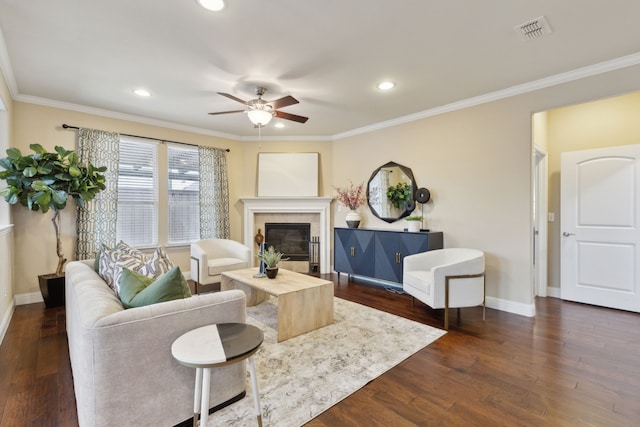 6281 Paragon Dr, Frisco, TX 75036 - living area with a ceiling fan, baseboards, visible vents, and a tiled fireplace