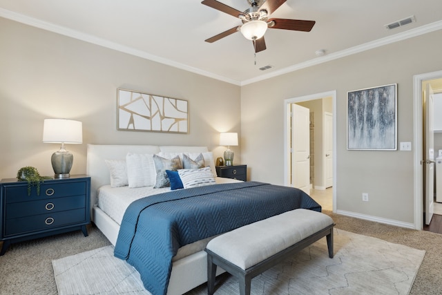 6281 Paragon Dr, Frisco, TX 75036 - bedroom with crown molding, baseboards, visible vents, and light colored carpet