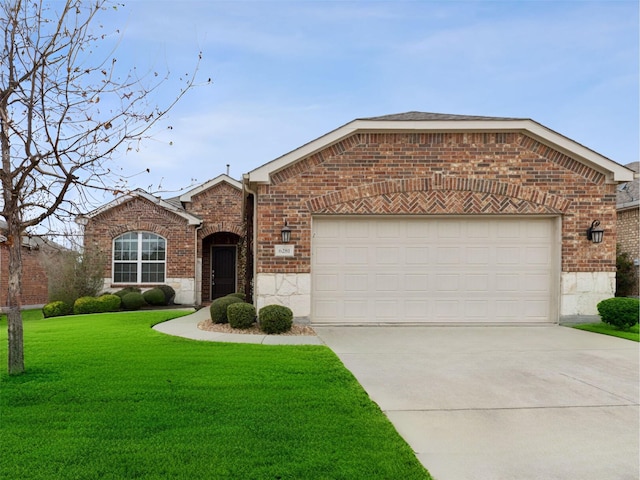 6281 Paragon Dr, Frisco, TX 75036 - ranch-style house with an attached garage, concrete driveway, a front yard, and brick siding