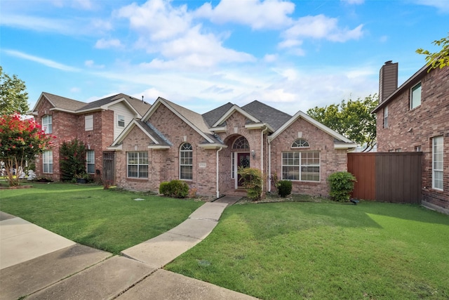view of front facade with fence, a shingled roof, a front lawn, and brick siding