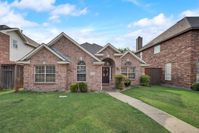 view of front of house with brick siding, fence, a chimney, and a front lawn