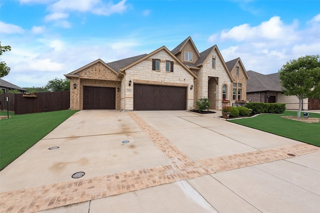 french provincial home featuring driveway, stone siding, and a garage