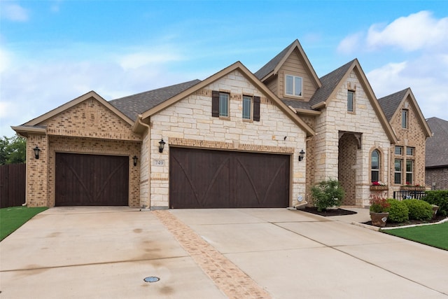 french country inspired facade with driveway, stone siding, fence, and roof with shingles