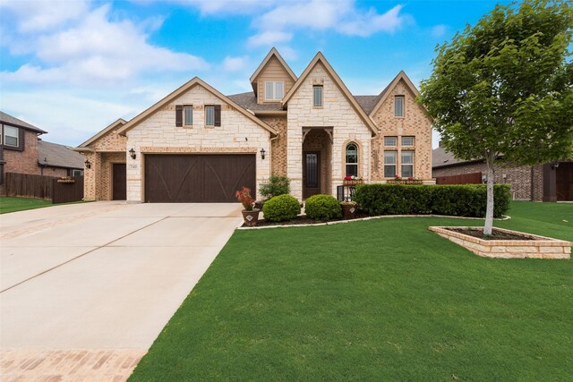 french country home with a garage, concrete driveway, and stone siding