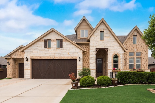 view of front facade featuring stone siding, concrete driveway, a front yard, roof with shingles, and an attached garage