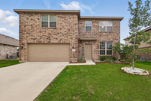 view of front of property featuring driveway, a front yard, central AC unit, a garage, and brick siding
