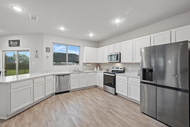 kitchen featuring visible vents, a sink, white cabinets, a peninsula, and stainless steel appliances