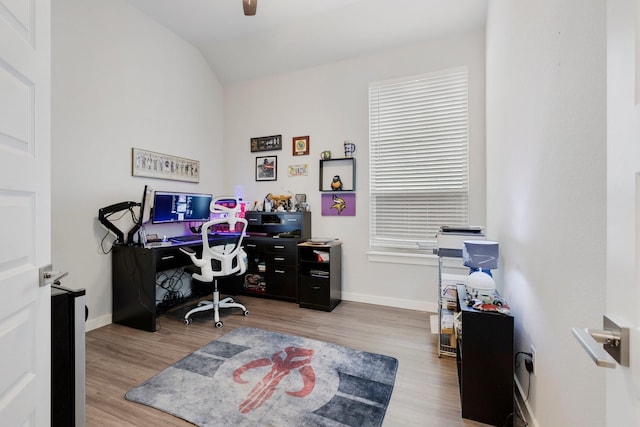 1732 Journey Forth Trl, Wylie, TX 75098 - office featuring baseboards, wood finished floors, and lofted ceiling