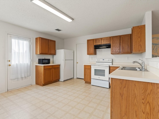 1728 Creek Bend Ln, Little Elm, TX 75068 - kitchen featuring a sink, brown cabinetry, under cabinet range hood, and white appliances