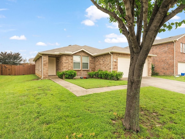 1728 Creek Bend Ln, Little Elm, TX 75068 - single story home with fence, a front yard, brick siding, an attached garage, and driveway