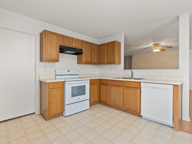 1728 Creek Bend Ln, Little Elm, TX 75068 - kitchen with a ceiling fan, white appliances, light countertops, under cabinet range hood, and a sink