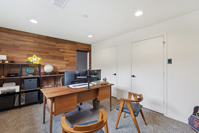 7509 Spring Meadow Ln, Garland, TX 75044 - office featuring light colored carpet, recessed lighting, and wood walls