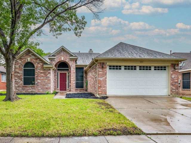 ranch-style house with a front yard, roof with shingles, brick siding, concrete driveway, and an attached garage