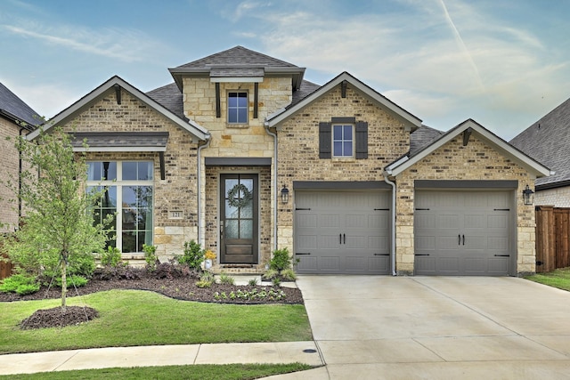 view of front of house with driveway, a front yard, brick siding, a shingled roof, and stone siding