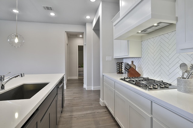 kitchen featuring a sink, premium range hood, stainless steel appliances, decorative backsplash, and visible vents