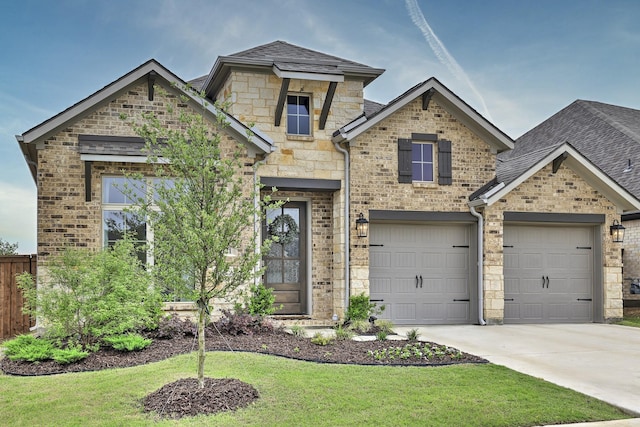 view of front of house featuring roof with shingles, concrete driveway, and brick siding