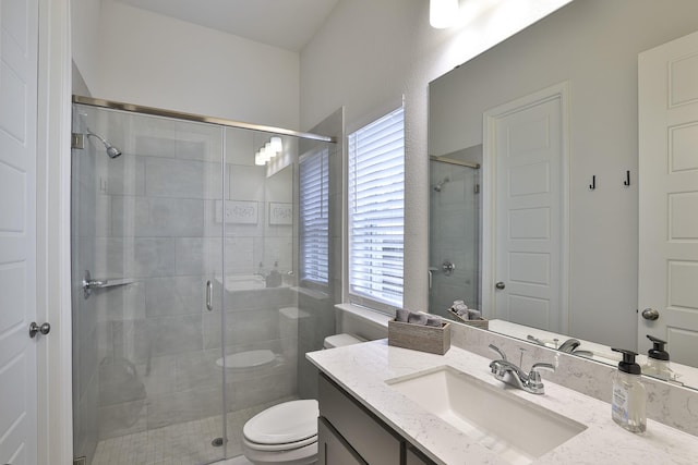 full bath with vanity, a stall shower, toilet, and a wealth of natural light