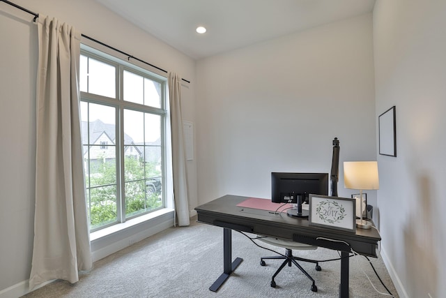 carpeted office with baseboards and recessed lighting