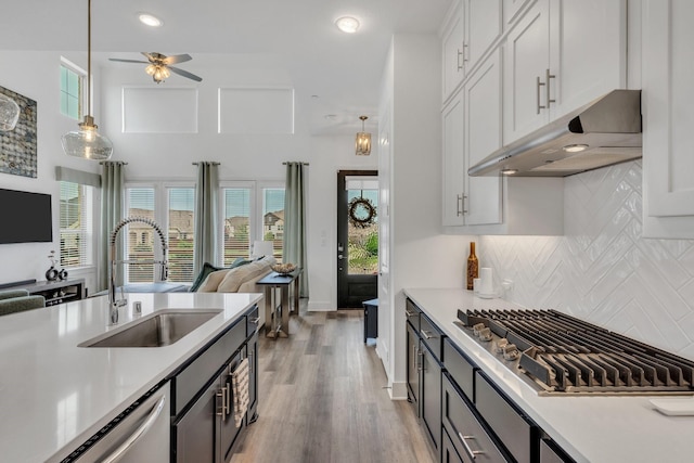 kitchen with a sink, light countertops, stainless steel appliances, open floor plan, and under cabinet range hood