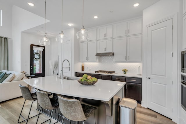 kitchen featuring a sink, light wood finished floors, light countertops, stainless steel appliances, and under cabinet range hood
