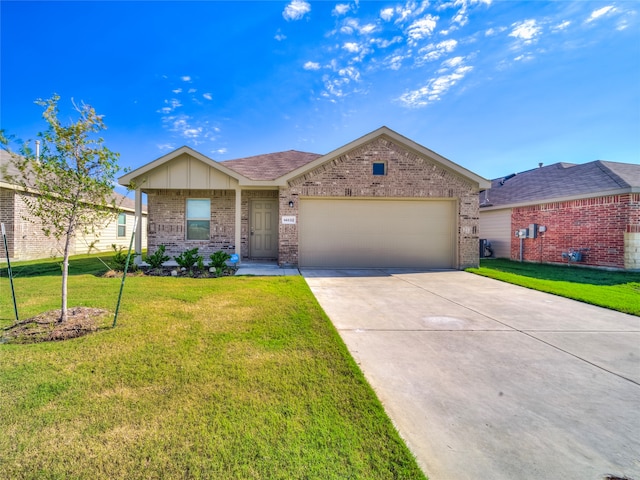 14832 Bridge Pass Trl, Fort Worth, TX 76052 - ranch-style home with brick siding, a garage, concrete driveway, a front yard, and roof with shingles