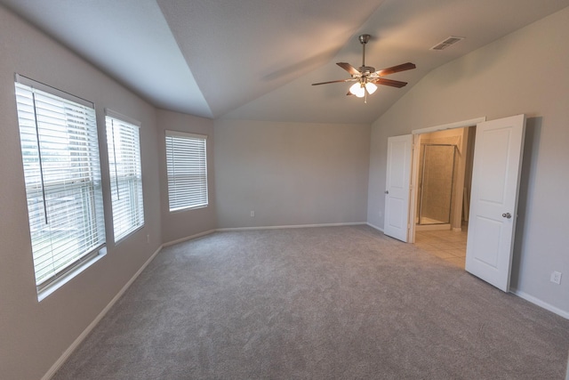 6000 Sutton Fields Trl, Celina, TX 76227 - unfurnished bedroom with visible vents, light carpet, baseboards, ceiling fan, and vaulted ceiling