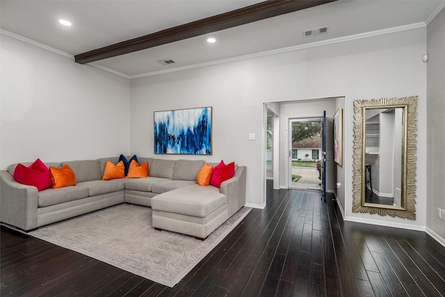 living room featuring baseboards, ornamental molding, and wood-type flooring