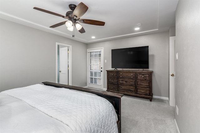 carpeted bedroom with baseboards, recessed lighting, and a ceiling fan