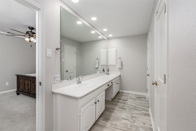 full bathroom featuring recessed lighting, a sink, a ceiling fan, and double vanity