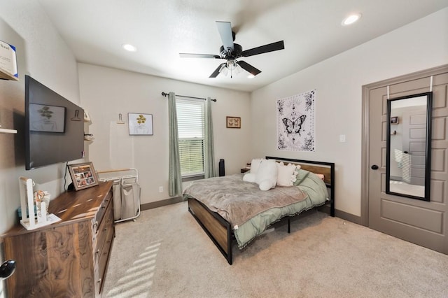 170 Rolling Hills Blvd, Alvord, TX 76225 - bedroom featuring light colored carpet, recessed lighting, baseboards, and ceiling fan