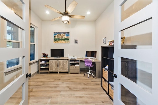 170 Rolling Hills Blvd, Alvord, TX 76225 - office space featuring a ceiling fan, french doors, recessed lighting, and light wood-style flooring