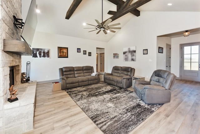 170 Rolling Hills Blvd, Alvord, TX 76225 - living area with beam ceiling, high vaulted ceiling, a ceiling fan, baseboards, and wood finished floors