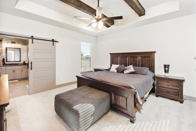 170 Rolling Hills Blvd, Alvord, TX 76225 - bedroom featuring light carpet, beamed ceiling, baseboards, a barn door, and a tray ceiling