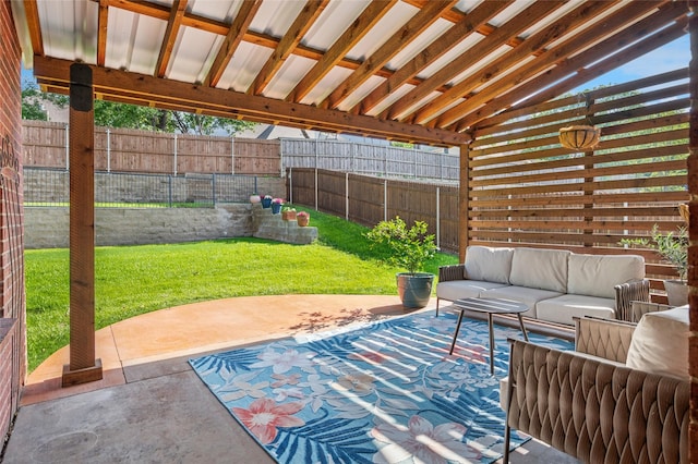 view of patio / terrace with a fenced backyard and an outdoor living space