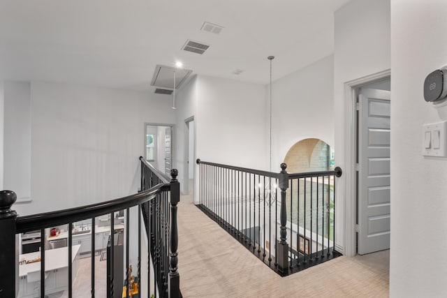 5617 Winona Ln, Mckinney, TX 75071 - hallway with attic access, carpet, recessed lighting, and an upstairs landing