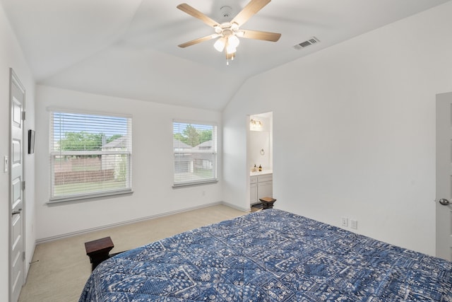 5617 Winona Ln, Mckinney, TX 75071 - bedroom with light colored carpet, vaulted ceiling, a ceiling fan, connected bathroom, and baseboards