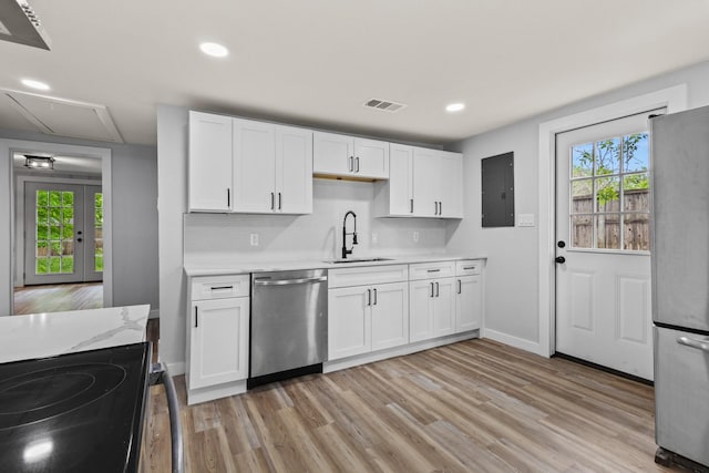 kitchen featuring appliances with stainless steel finishes, a sink, a wealth of natural light, visible vents, and electric panel