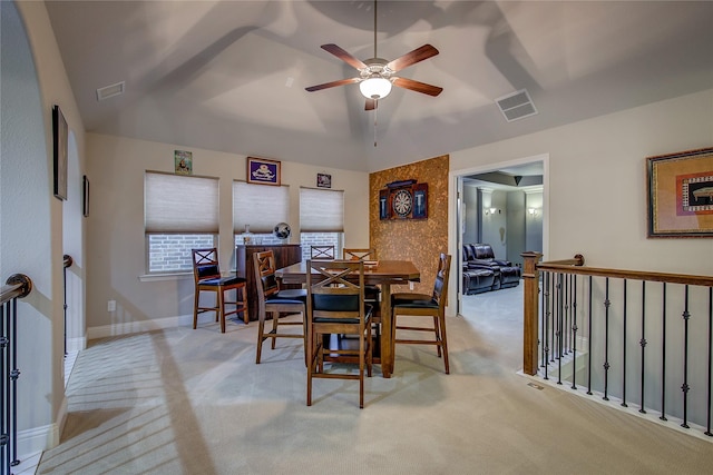 7401 Collin Mckinney Pkwy, Mckinney, TX 75070 - dining area with carpet flooring, ceiling fan, vaulted ceiling, and baseboards
