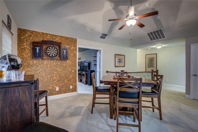 7401 Collin Mckinney Pkwy, Mckinney, TX 75070 - dining area featuring light carpet, ceiling fan, baseboards, and wallpapered walls