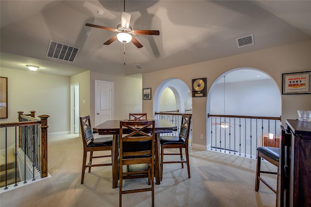 7401 Collin Mckinney Pkwy, Mckinney, TX 75070 - dining space with ceiling fan, carpet floors, baseboards, and arched walkways