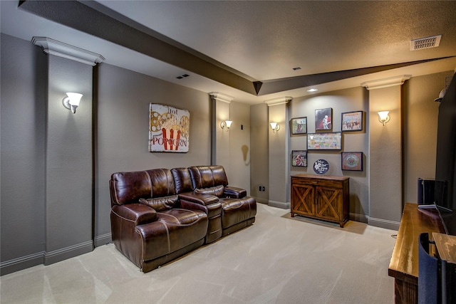 7401 Collin Mckinney Pkwy, Mckinney, TX 75070 - home theater with ornate columns, carpet floors, baseboards, and a textured wall